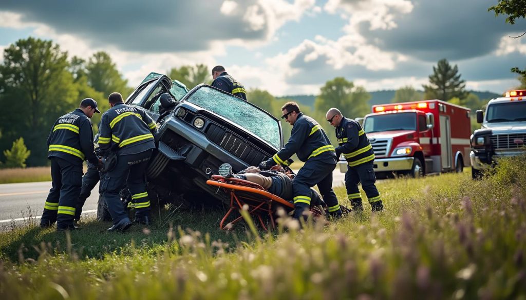 des secouristes interviennent en pennsylvanie pour sauver un conducteur piégé après le renversement de son véhicule, en découpant le pare-brise afin de l'extraire en toute sécurité.
