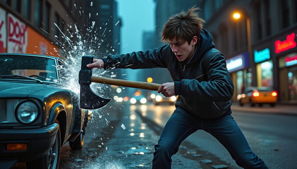 un adolescent en colère détruit les vitres d'une voiture à la pioche, est placé en garde à vue pendant 24 heures avant la suite des événements.