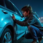un adolescent est surpris en plein acte de vandalisme sur une voiture à 2 h du matin dans un parking, tentant d'évacuer son stress par un comportement destructeur.